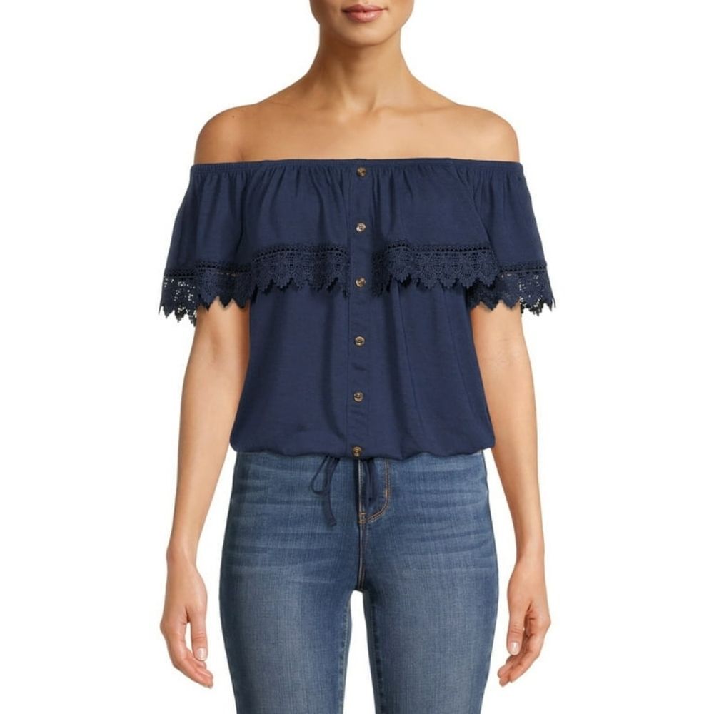 No Boundaries Juniors' Navy Blue Off The Shoulder Lace Crop Top Size Medium 🐈